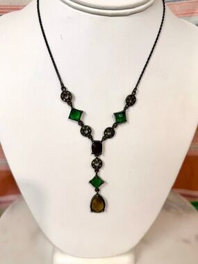 Avon Dark Metal Multistone Green and Amber Drop Necklace + Earring Set